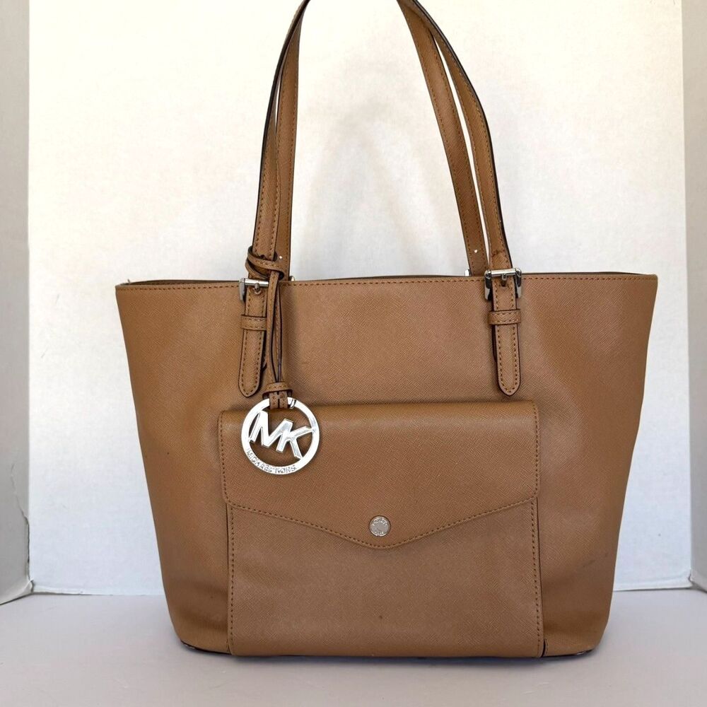 Michael Kors Jet Set Saffiano Leather Pocket Tote, Tan, Work Minimal Everyday